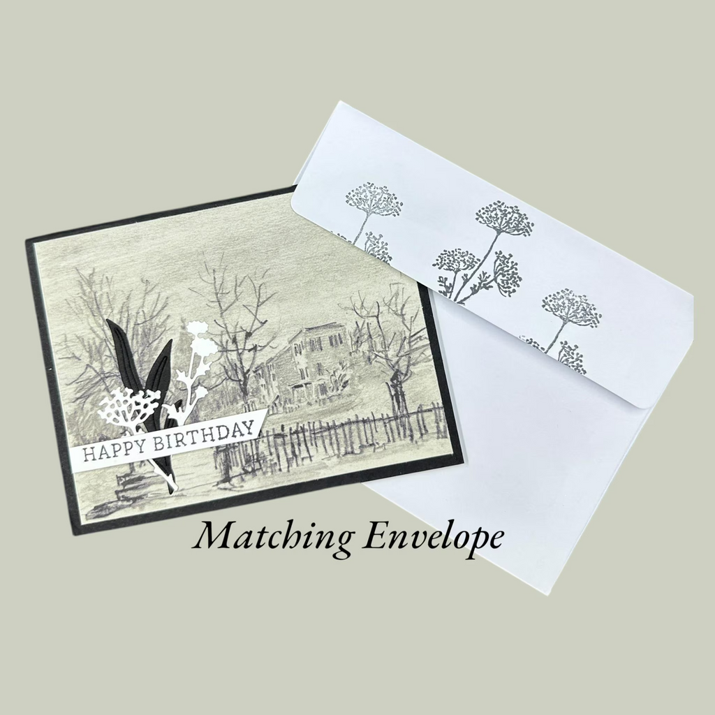 Matching hand-stamped envelope included with vintage house handmade birthday card.