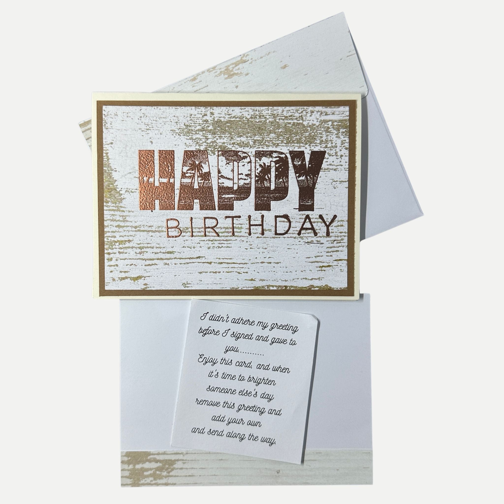 Handmade rustic happy birthday card with matching envelope and bonus extra greeting insert.