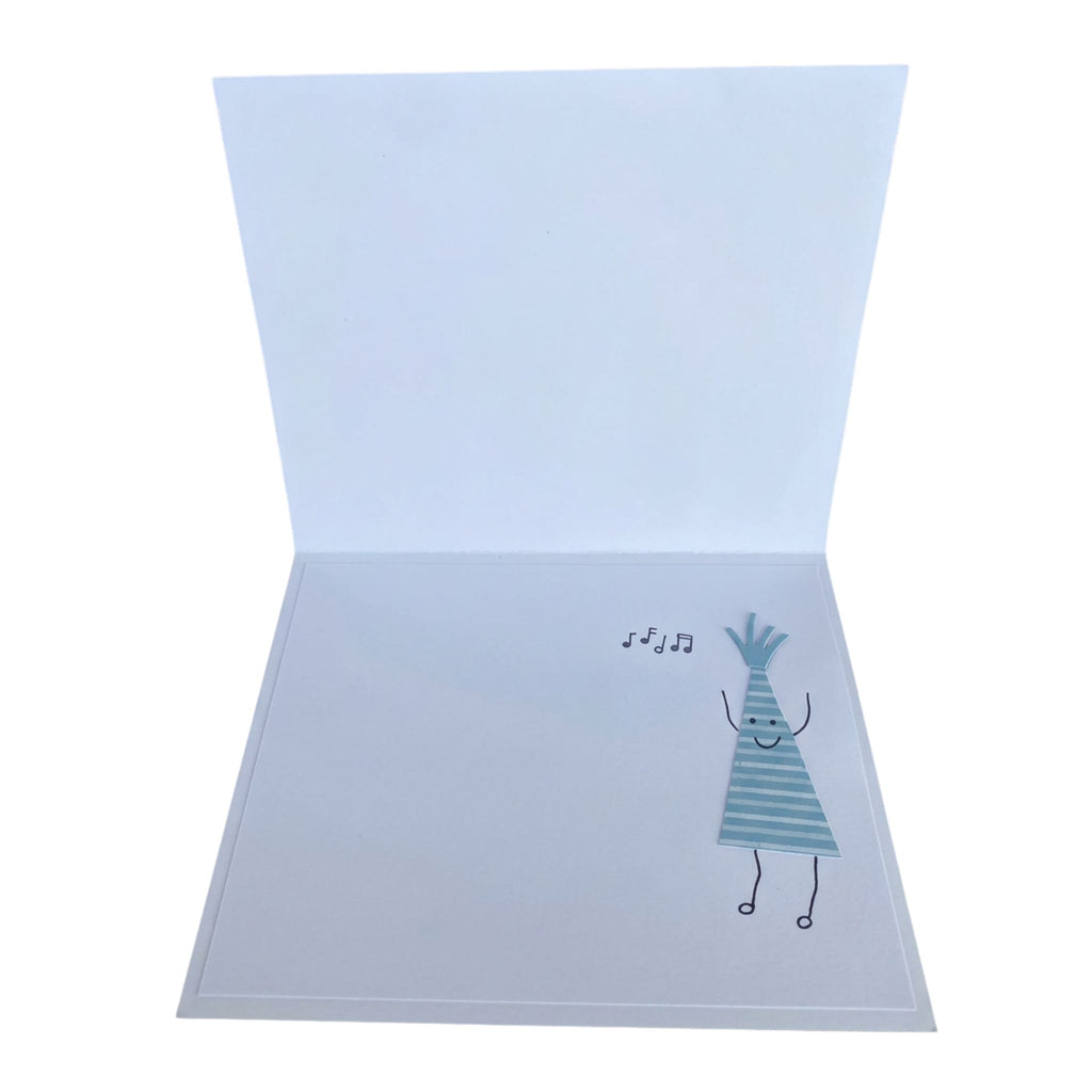 Inside of handmade birthday card featuring a decorative party hat accent and blank space for your personal birthday message.
