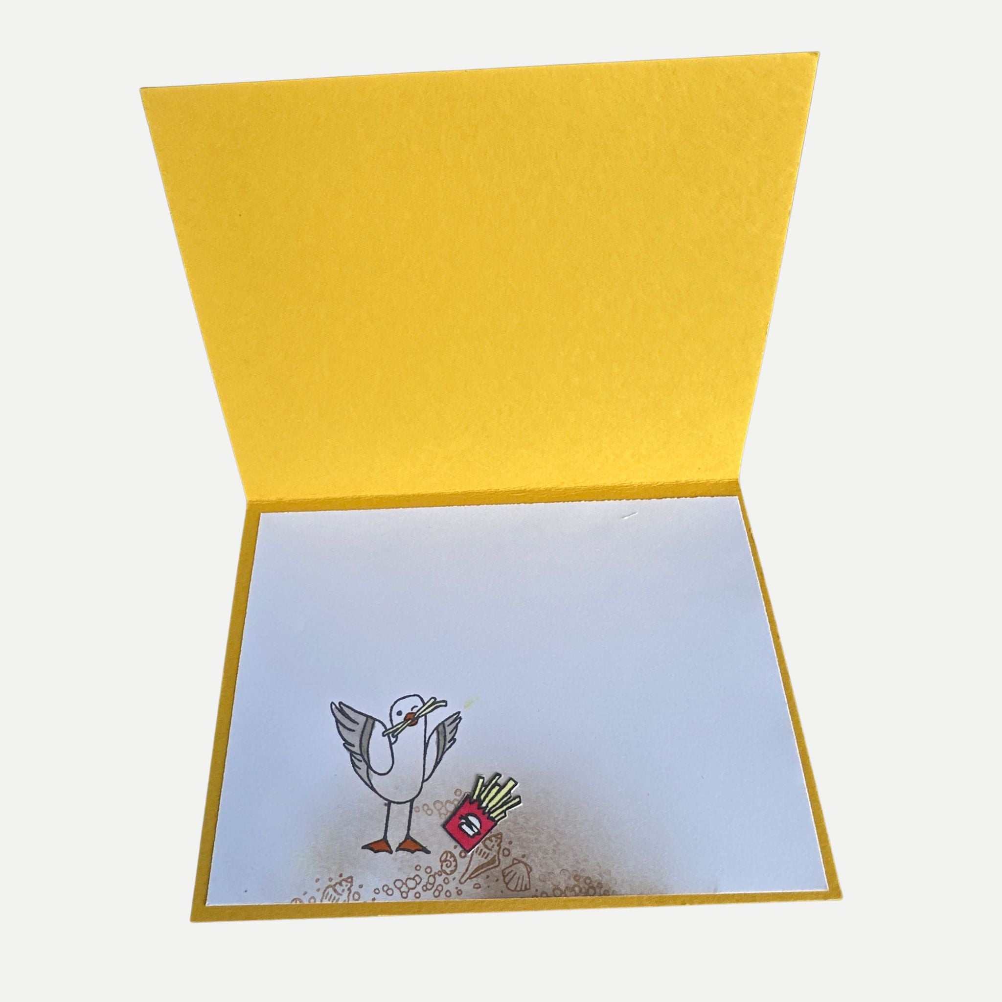 Inside of handmade birthday card featuring a decorative seagull illustration and blank space for a personal birthday message.