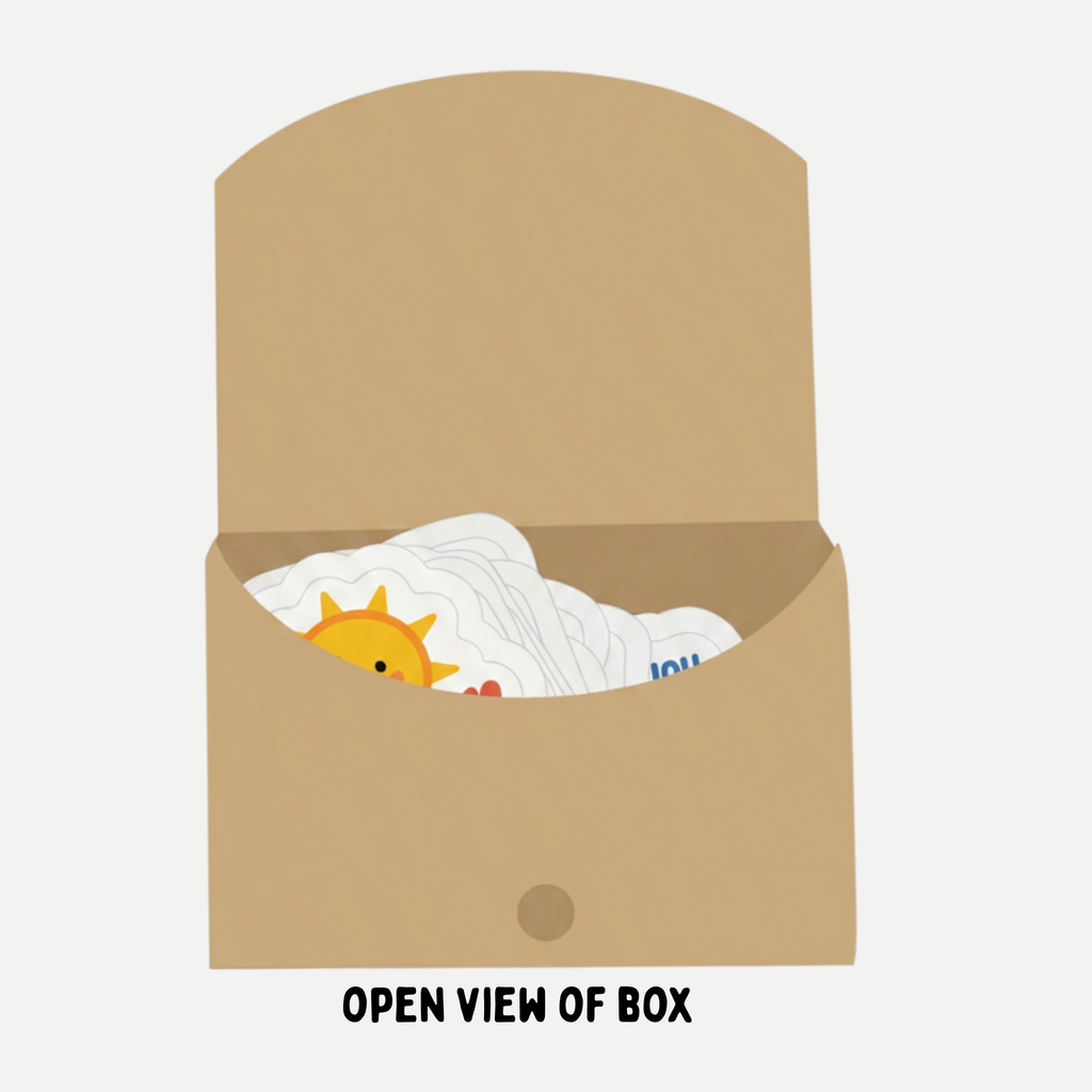 Inside of kraft envelope style box with its flap open, showing compartment that holds all 12 stickers