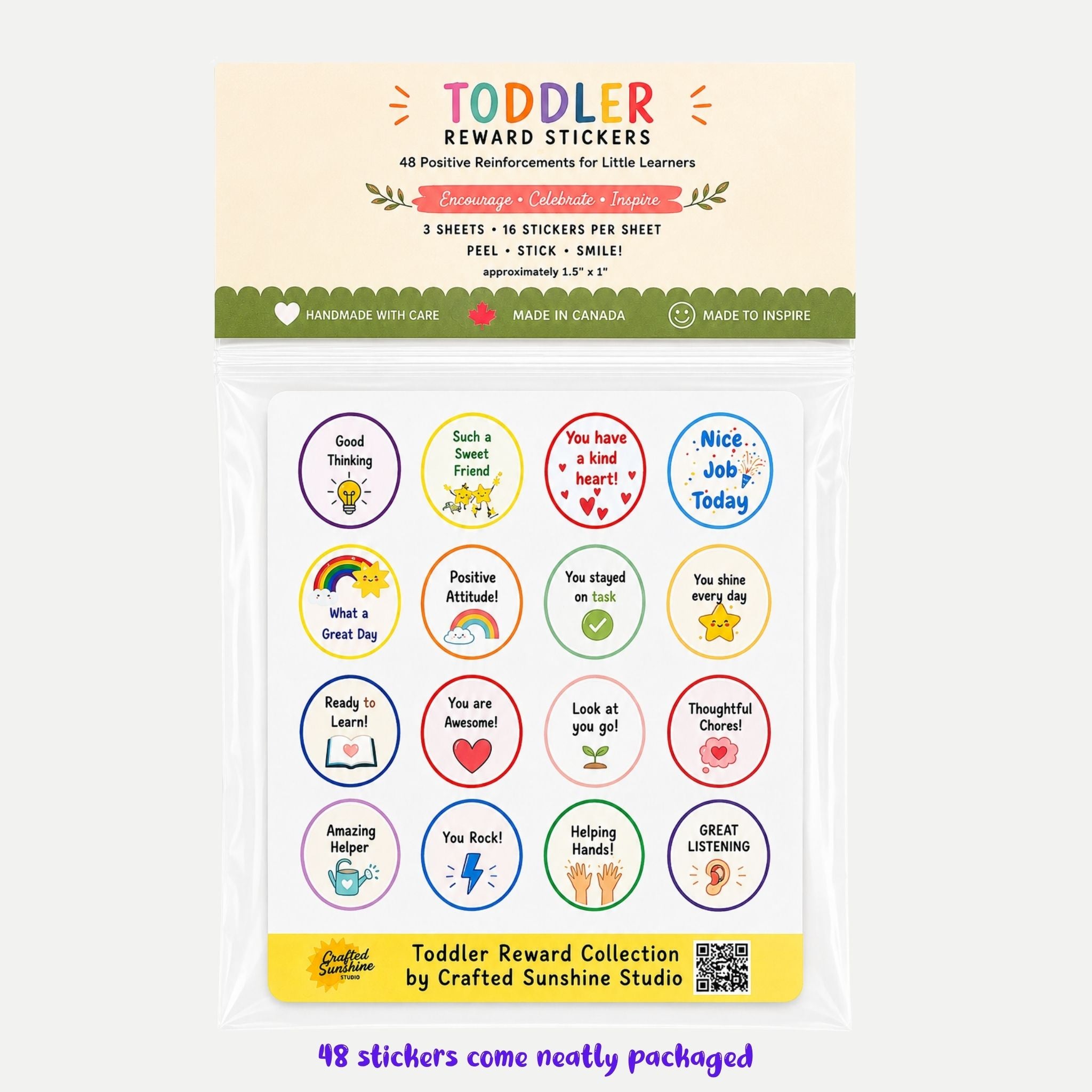 Packaged toddler reward stickers from Crafted Sunshine Studio, featuring 16 colorful round stickers on three sheets with educational and positive phrases like 'You have a kind heart' and 'You Rock!'.