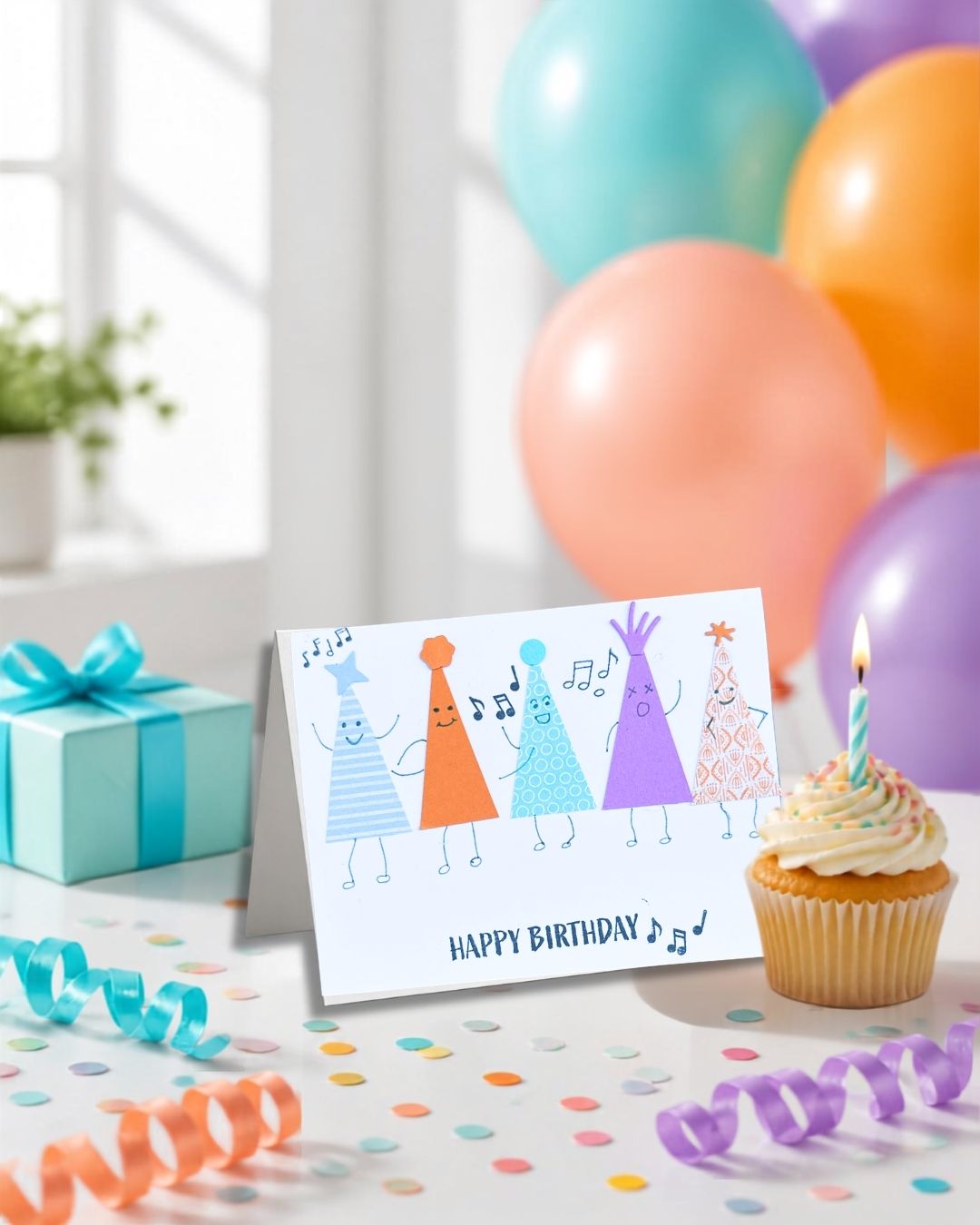 A birthday greeting card with a colorful cartoon party hat illustration and the words 'HAPPY BIRTHDAY' stands on a table. The scene is decorated with balloons, a wrapped gift box, a cupcake with a candle, and confetti, suggesting a celebratory birthday setting.