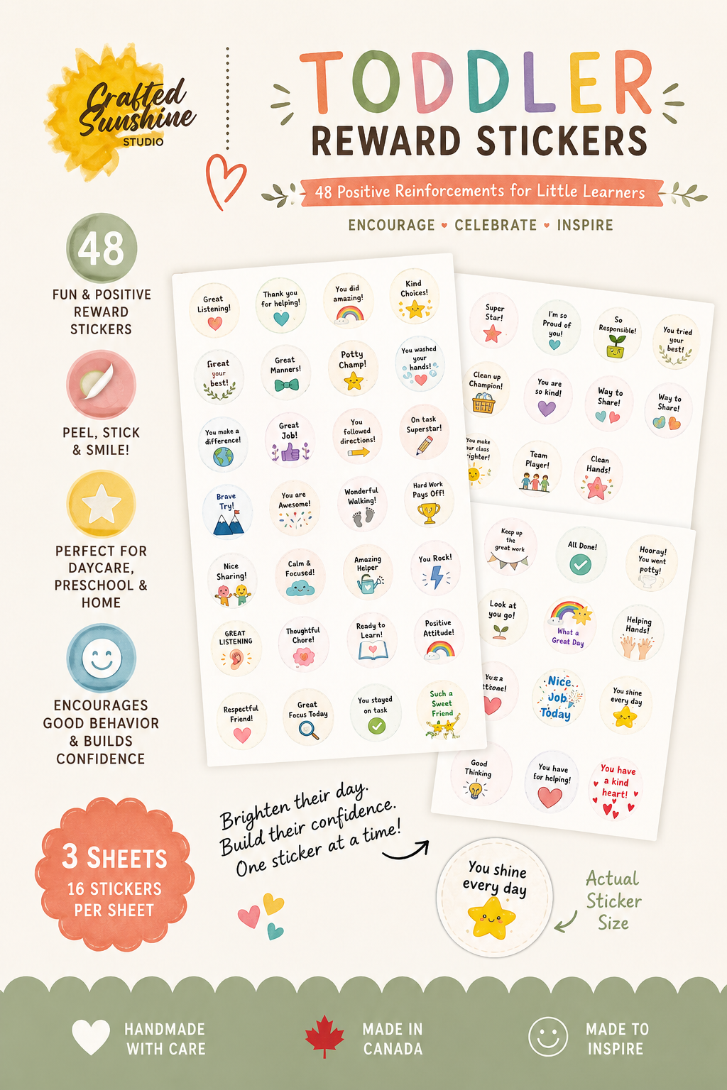 Toddler Reward Stickers sheet set by Crafted Sunshine Studio, featuring 48 positive reinforcement stickers on three sheets with cute illustrations like stars, hearts, smileys, and rainbows, shown on a light background with product details on the left and bottom.