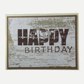 Rustic handmade birthday card with copper foil Happy Birthday lettering and palm tree design.