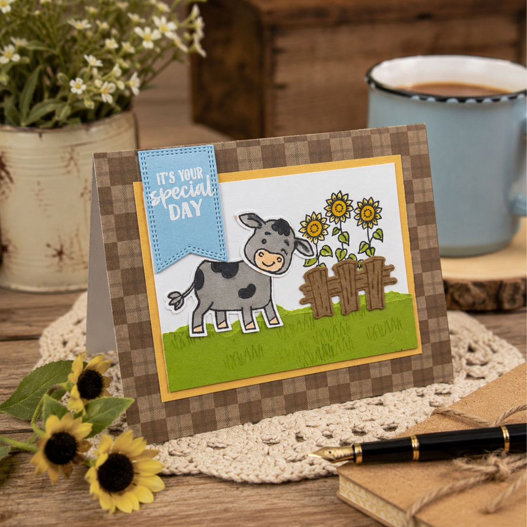 Rustic handmade farm birthday card displayed on a cozy wooden table with sunflowers, coffee mug and farmhouse décor.