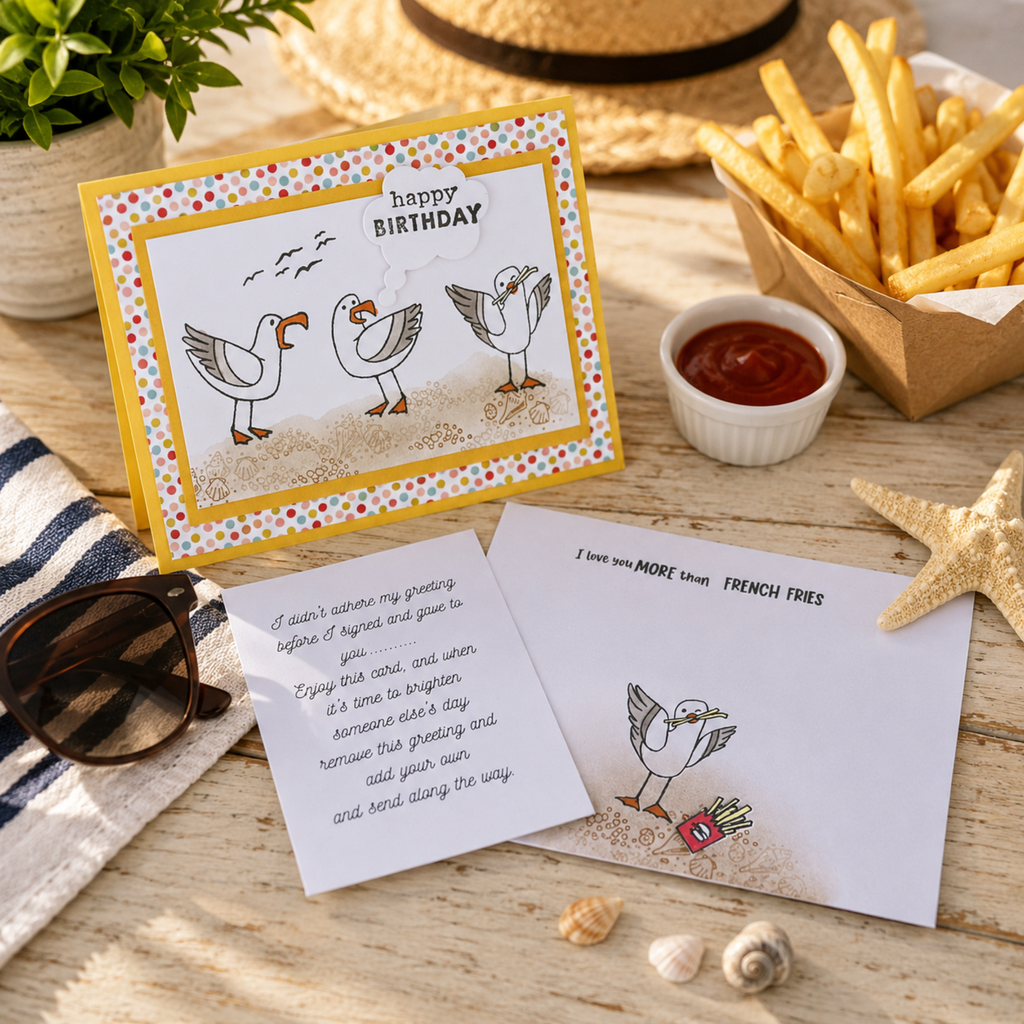 A handmade greeting card set styled on a wooden table with french fries, ketchup, sunglasses, a starfish, and seashells. The set includes a yellow-bordered card with seagull illustrations and 'happy birthday' text, plus two white handwritten-style cards with seagull drawings and a poem.