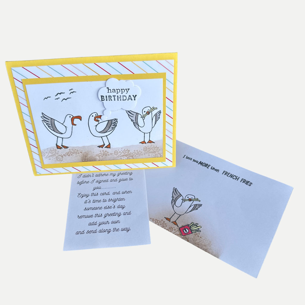 Handmade birthday card with coordinating envelope and bonus extra greeting, allowing the card to be shared again with a new personal message.