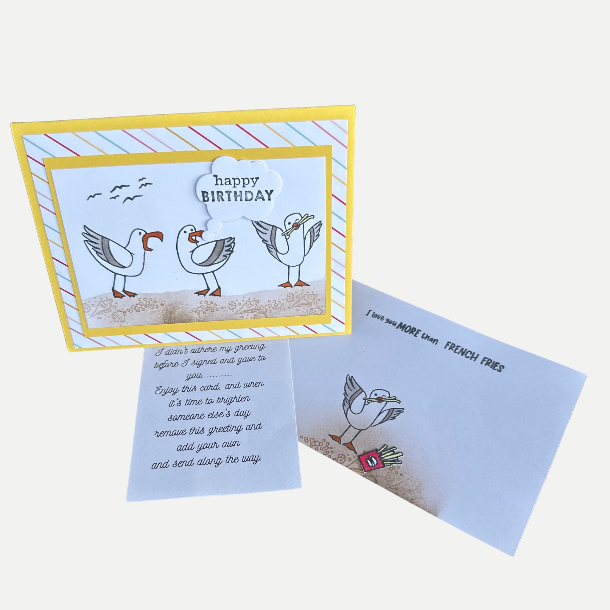 Handmade birthday card with coordinating envelope and bonus extra greeting, allowing the card to be shared again with a new personal message.