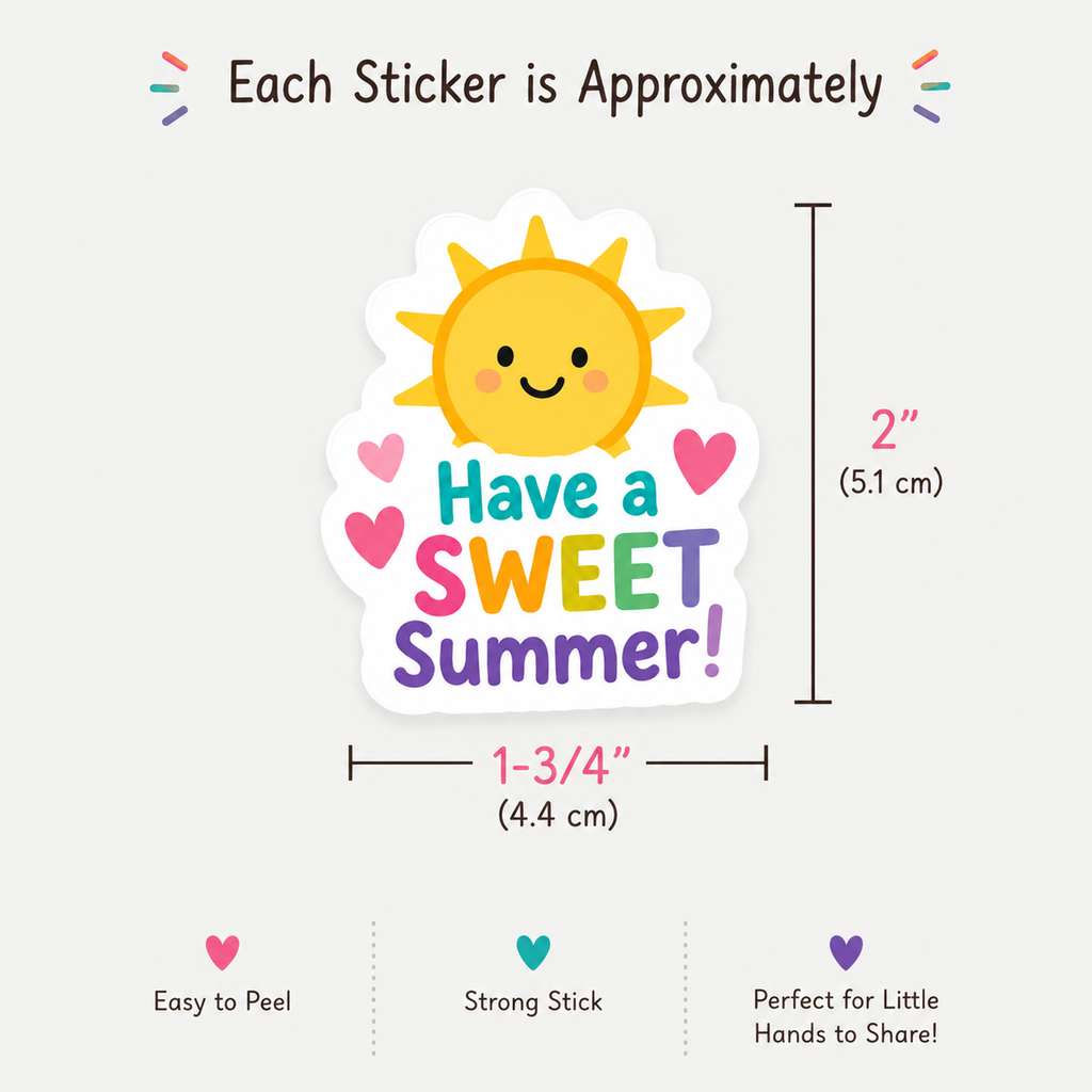 One of sticker designs with a smiling yellow sun and the text 'Have a SWEET Summer!' in multicolored letters, shown with printed dimensions and feature callouts on a light gray background.