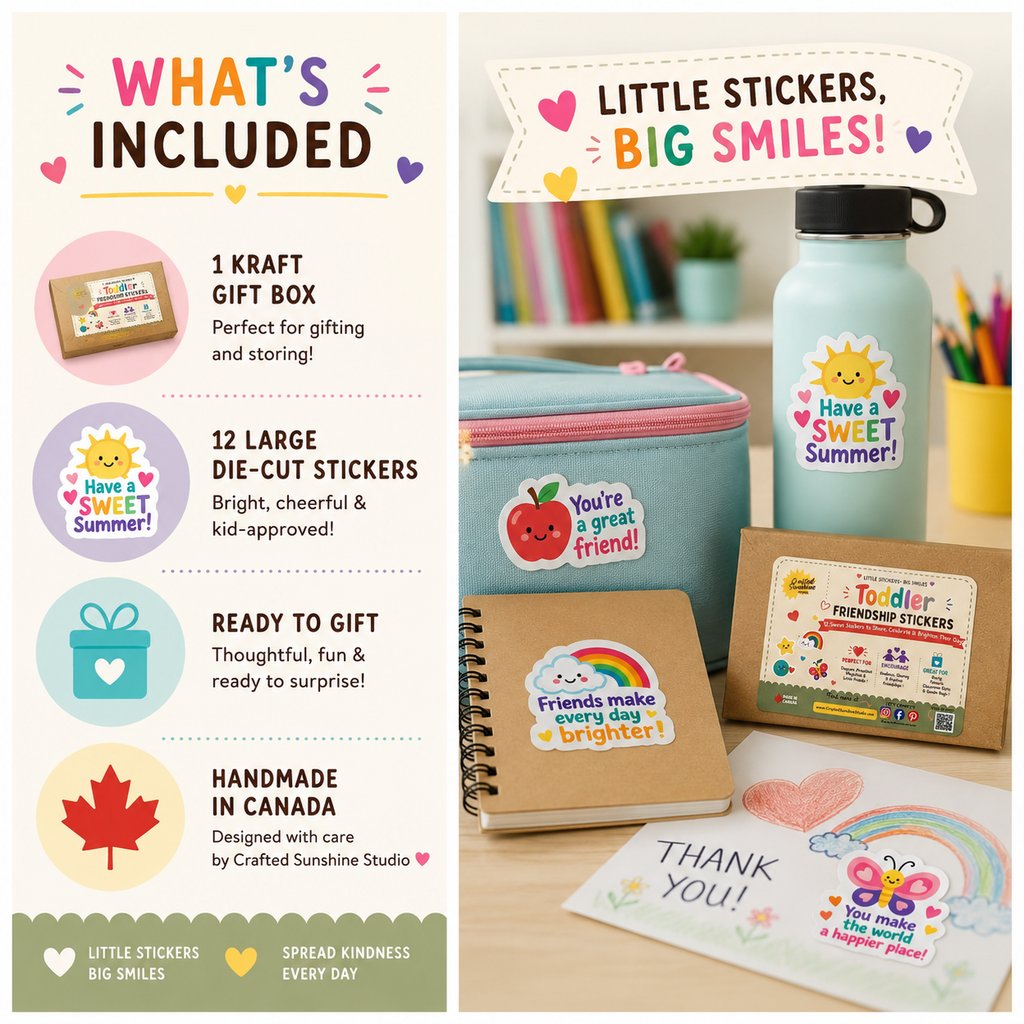 A promotional collage for a children's sticker gift set. The left side lists included items: a Kraft gift box, 12 die-cut stickers, and a ready-to-gift package, with text highlighting handmade in Canada and kid-approved quality.