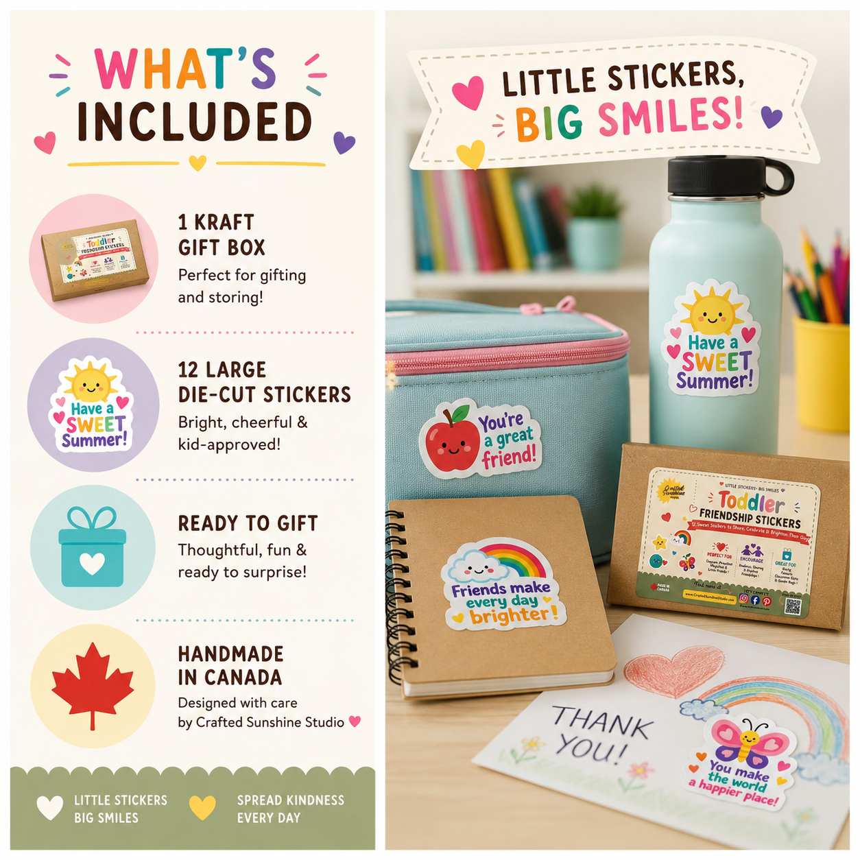A promotional collage for a children's sticker gift set. The left side lists included items: a Kraft gift box, 12 die-cut stickers, and a ready-to-gift package, with text highlighting handmade in Canada and kid-approved quality.