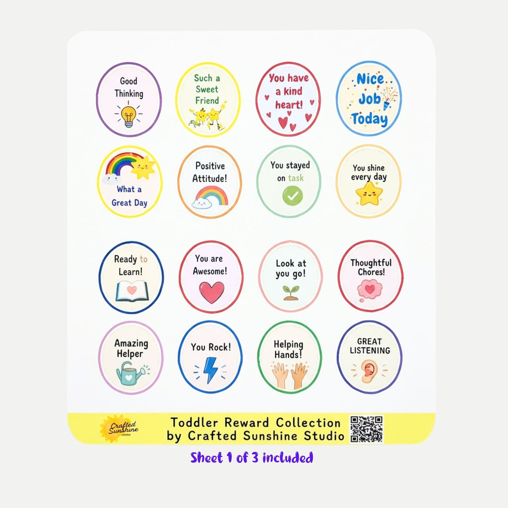 A sheet of round toddler reward stickers with colorful borders and positive phrases like 'Good Thinking,' 'Such a Sweet Friend,' 'You have a kind heart!,' and 'Nice Job Today.' 
Sheet 1 of 3 included.