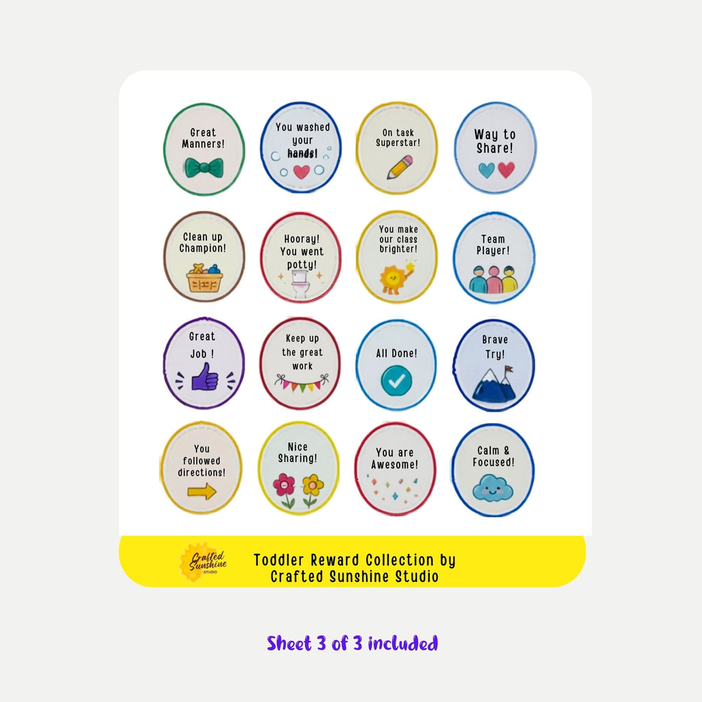 A sheet of round Peel and Stick toddler reward stickers The stickers feature various positive phrases like 'Great Manners!', 'You washed your hands!', and 'Way to Share!' in different colored circular frames.