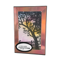 Handmade birthday card featuring a black tree silhouette against a pink and golden watercolor sky with a "For a Very Happy Birthday" greeting.