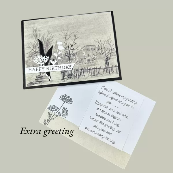 Handmade vintage birthday card displayed with coordinating envelope and bonus extra greeting insert.