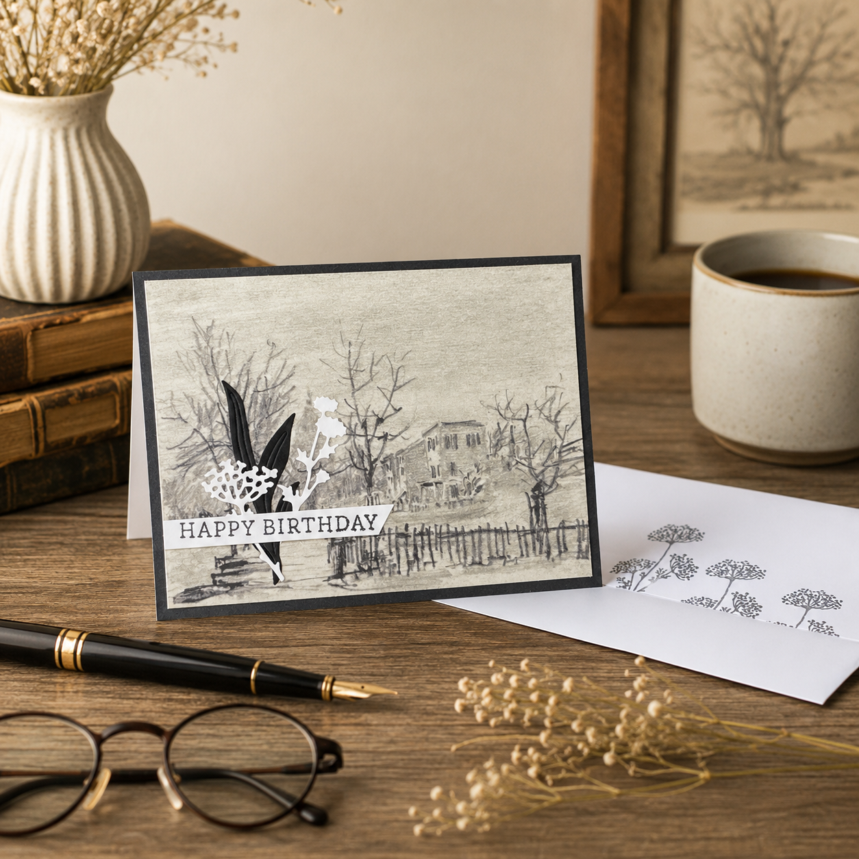Vintage House Handmade Birthday Card | Classic Scenic Birthday Card with Matching Envelop
