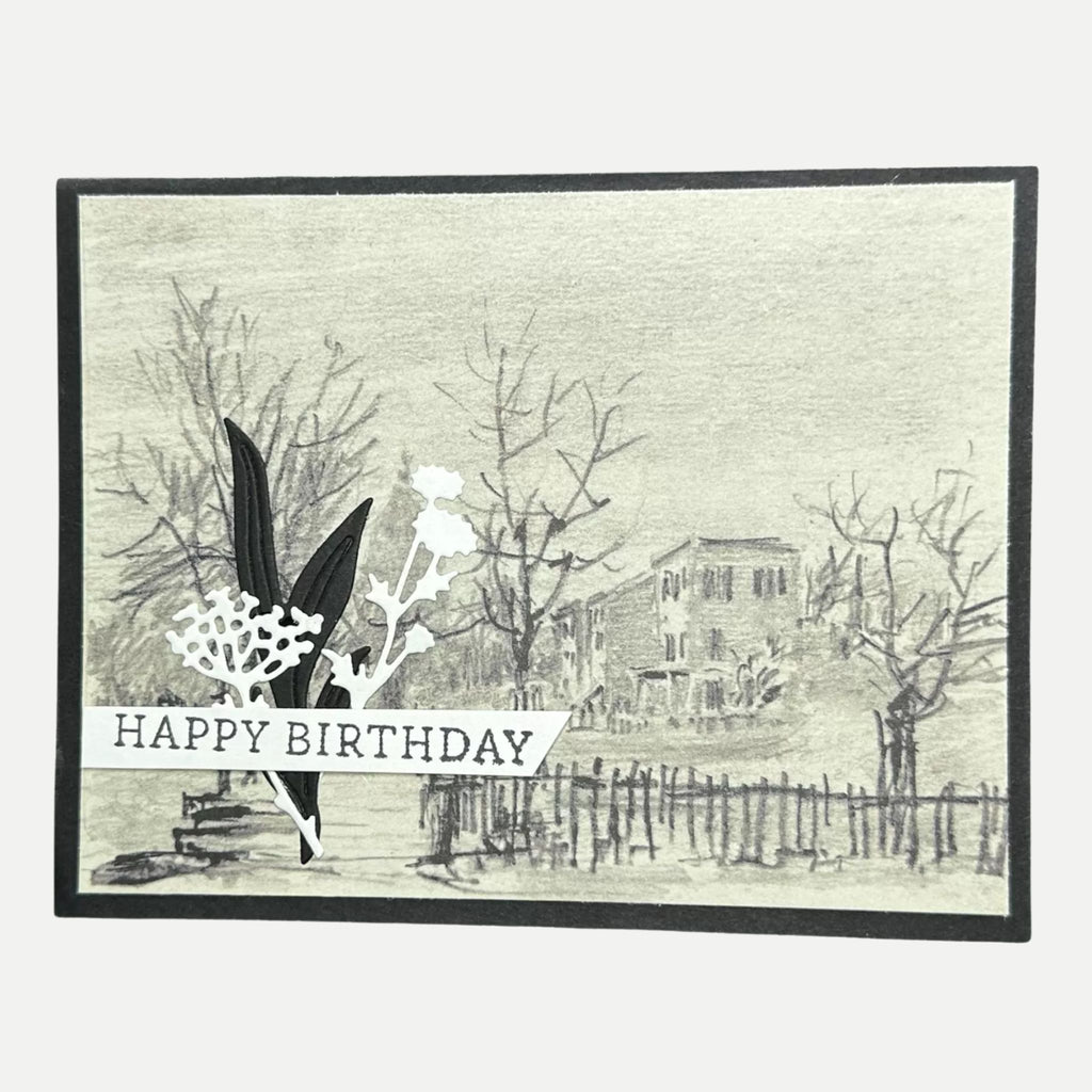 Vintage house handmade birthday card featuring a classic black and beige landscape with layered botanical die cuts and Happy Birthday sentiment.