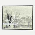 Vintage house handmade birthday card featuring a classic black and beige landscape with layered botanical die cuts and Happy Birthday sentiment.
